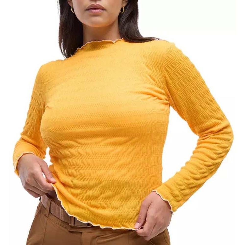 Halfdays Textured Mock Neck Top Women LG Zinnia Yellow NWT Lettuce Edge Long Slv